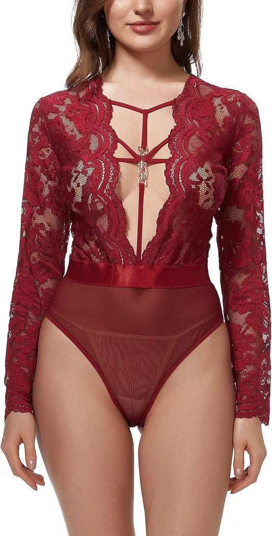 Women Lace Bodysuit Sexy Snap Crotch Long Sleeve Deep V Teddy Lingerie Tops.