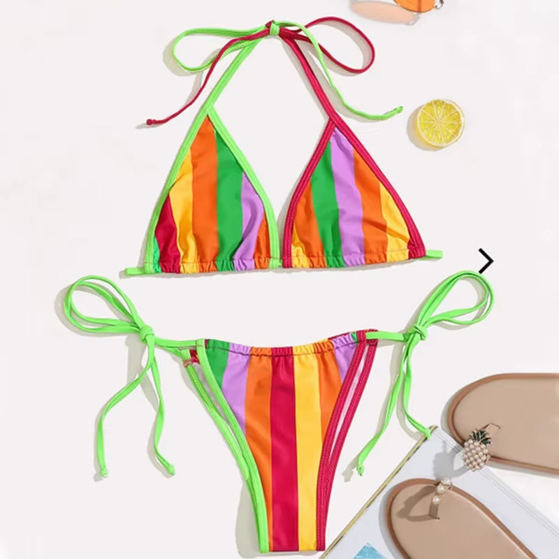 Sexy Rainbow Striped Bikini Swimwear Women 2024 Bandage High Cut Push up Thong Swimsuit Summer Bathing Suit Micro Bikini Biquini.