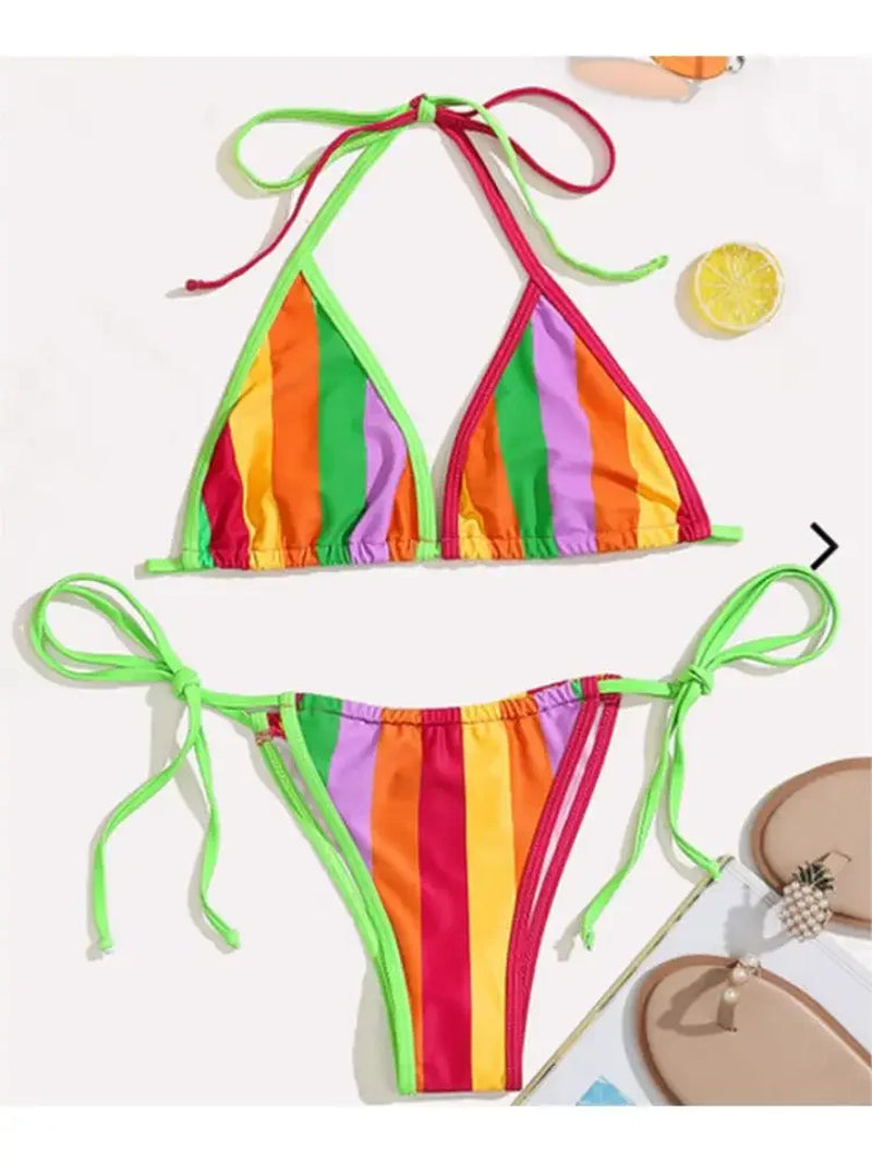 Sexy Rainbow Striped Bikini Swimwear Women 2024 Bandage High Cut Push up Thong Swimsuit Summer Bathing Suit Micro Bikini Biquini.