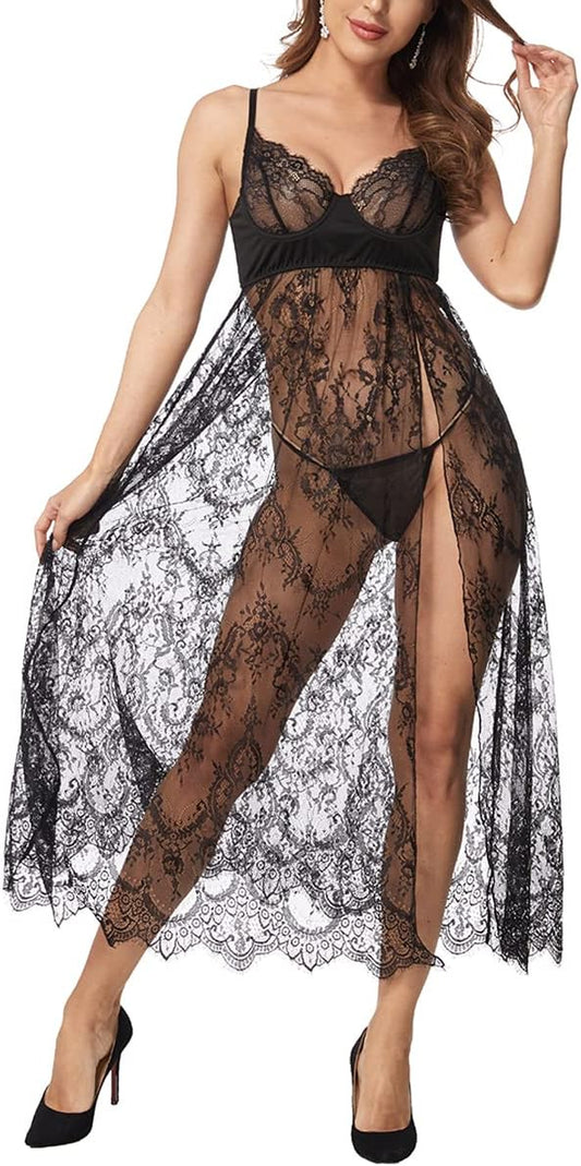 Women Sexy Lingerie Lace High Slit Maxi Long Gown Sheer Dress with Underwire S-4XL.