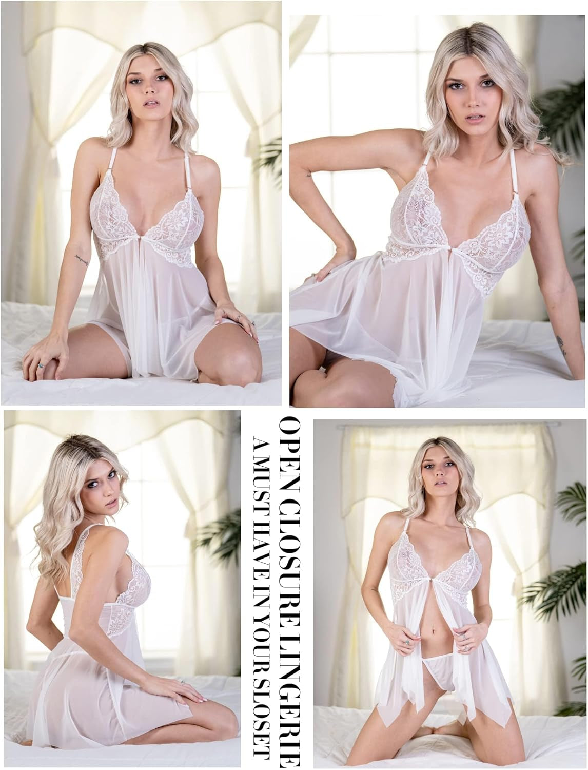 Women Lace Lingerie Front Closure Babydoll V Neck Nightwear Sexy Chemise Nightie.